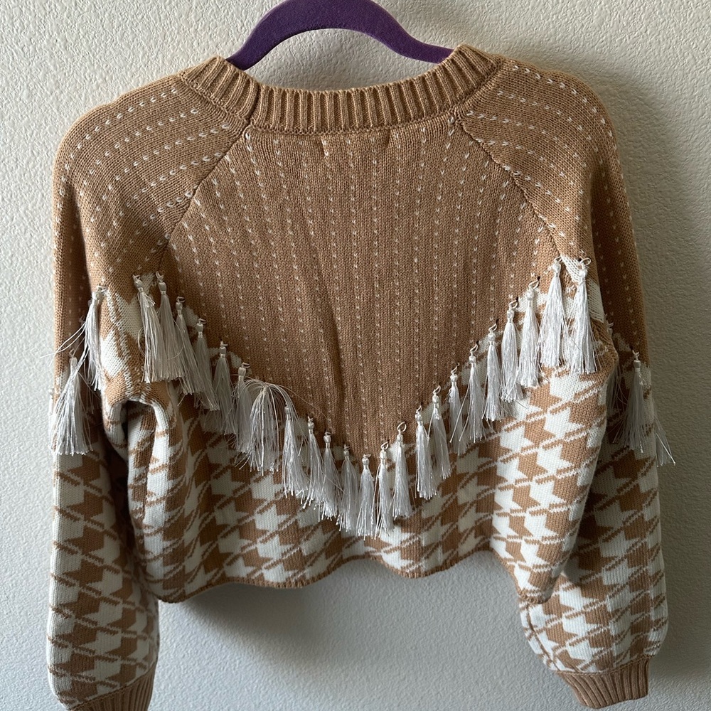 12th Tribe Tan and White Cropped Crew Neck Sweater